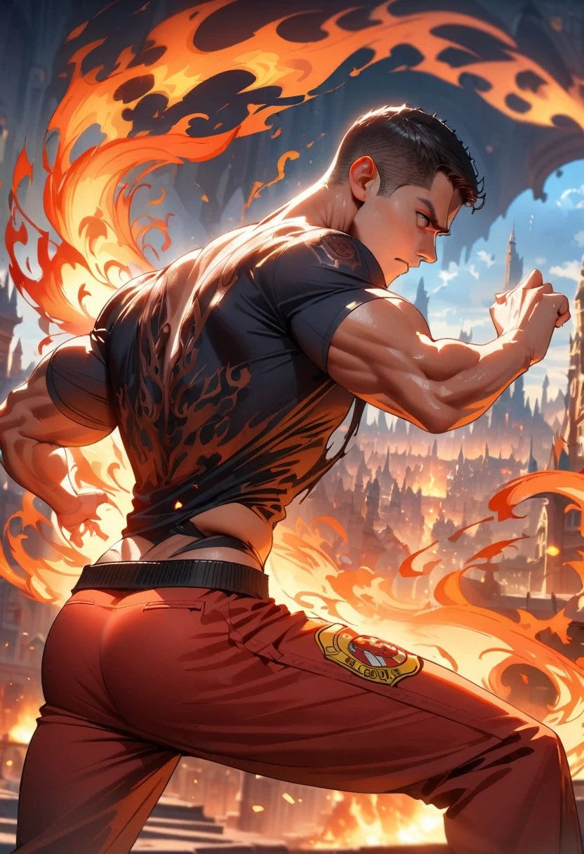 (Firefighter back:1.5),  From the back，wearing a tattered shirt, combustion,flame， Luminescence, Dynamic poses, Fighting Stance, (fantasy city background), Pants,, Practical, masterpiece, Intricate details, Detailed background, Depth of Field, Fitness back,
