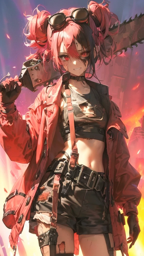 ultra-detailed, crazy girl, beautiful eyes, red eyes, , cute figure, cute face, grin, executioner, small horns on either side of forehead, Steampunk style goggles on head, sharp eyes, wild and bold, hair color pink gradient with black accent only on left side, hair in bun, bob bangs, Steampunk, (((overall clothes are dirty and tattered))), large military design jacket, black shorts, thigh-high knee socks, boots, leather gloves with the fingers cut off, (((worn-out, horrible saw, but cutely designed))), background is a collapsed On a live stage in hell with buildings, pink and red lights shining, composition like a scene from a movie, 16K, top quality, masterpiece