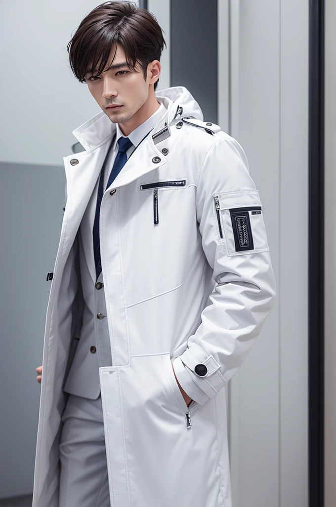 Ultra realistic man col white coat with closed zipper