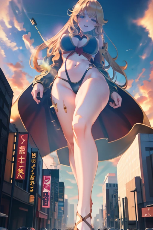 Giant Girl 50,000 feet high，Have a pair of long legs，Have a pair of huge breasts，Wearing a red bikini，Waist length blonde hair，Loose hair，Wear a pair of Mary Janes，Blonde curly hair，full of enjoyment，Standing firm in a crowded city, vandalism，It seems to be an invincible existence,Beautiful appearance，Exquisite makeup，quality，8K，高quality，(Governor:1.5)，Perfect proportion, theater lighting，Film Grain，Fuji Colors，8K，Textured Skin，Super Detail，High Detail，high quality，high resolution，thunderbolt，Fake laugh，Morning, Full body image