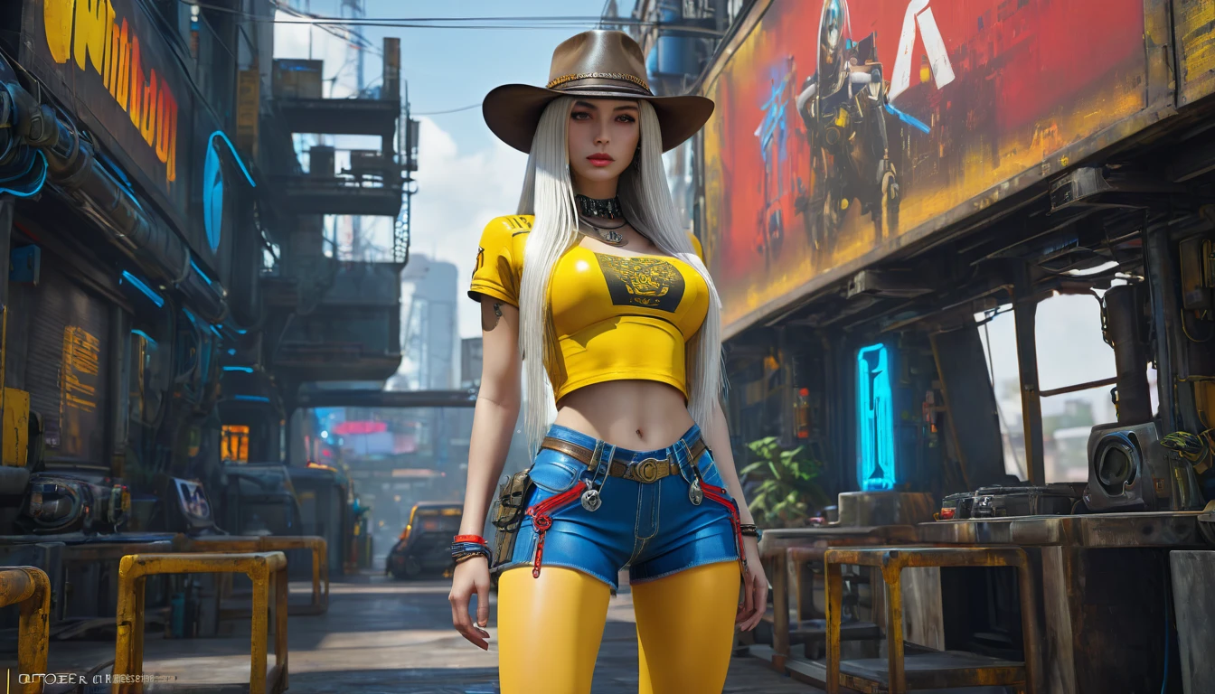 unreal-engine:1.4,Ultra-realistic K CG, Fotorrealista:1.4, Skin texture:1.4, tmasterpiece:1.4,cyber punk style,Beautiful woman in hat,cowboys,long whitr hair、Yellow cyberpunk-style shorts, Red pantyhose , The miniskirt is blue,