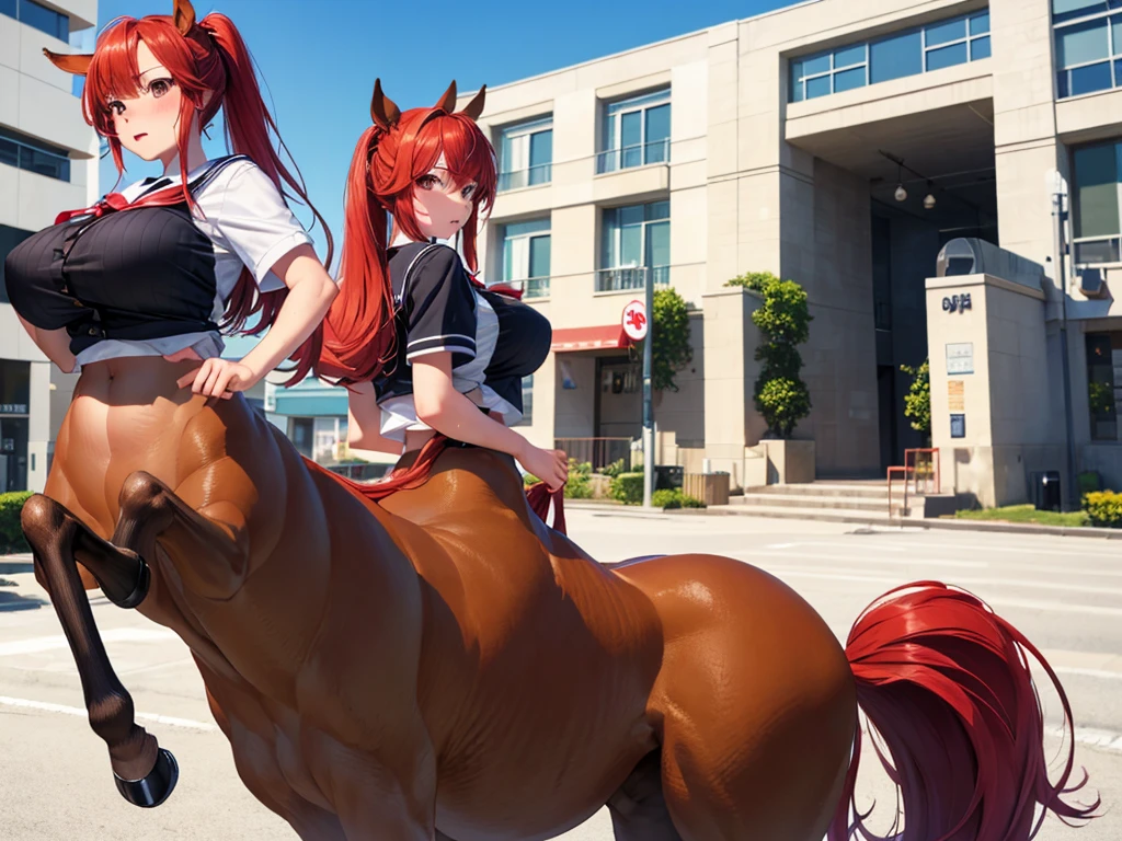 ((best quality,4k,8k,highres,masterpiece:1.2,ultradetailed,realistic,photorealistic,photo-realistic:1.37)),(1 Centaur woman enormous massive gigantic big large fat breasts and enormous massive gigantic big large fat cock,),(((A centaur woman running at full speed))),perfect face,(school sailor uniform), ((red hair,Twin tail,center part hairstyle,gentle face,Drooping eyes:1.6,Dark brown eyes,)),(hurry,Red face),(from front,from below),Crosswalk,full body, Centaur,Hold a bag in hand,(femail Centaur),The upper body is human and the lower body is the body of a horse,Toast in mouth,dynamic,sweaty skin,DASH,not Horse ears, 