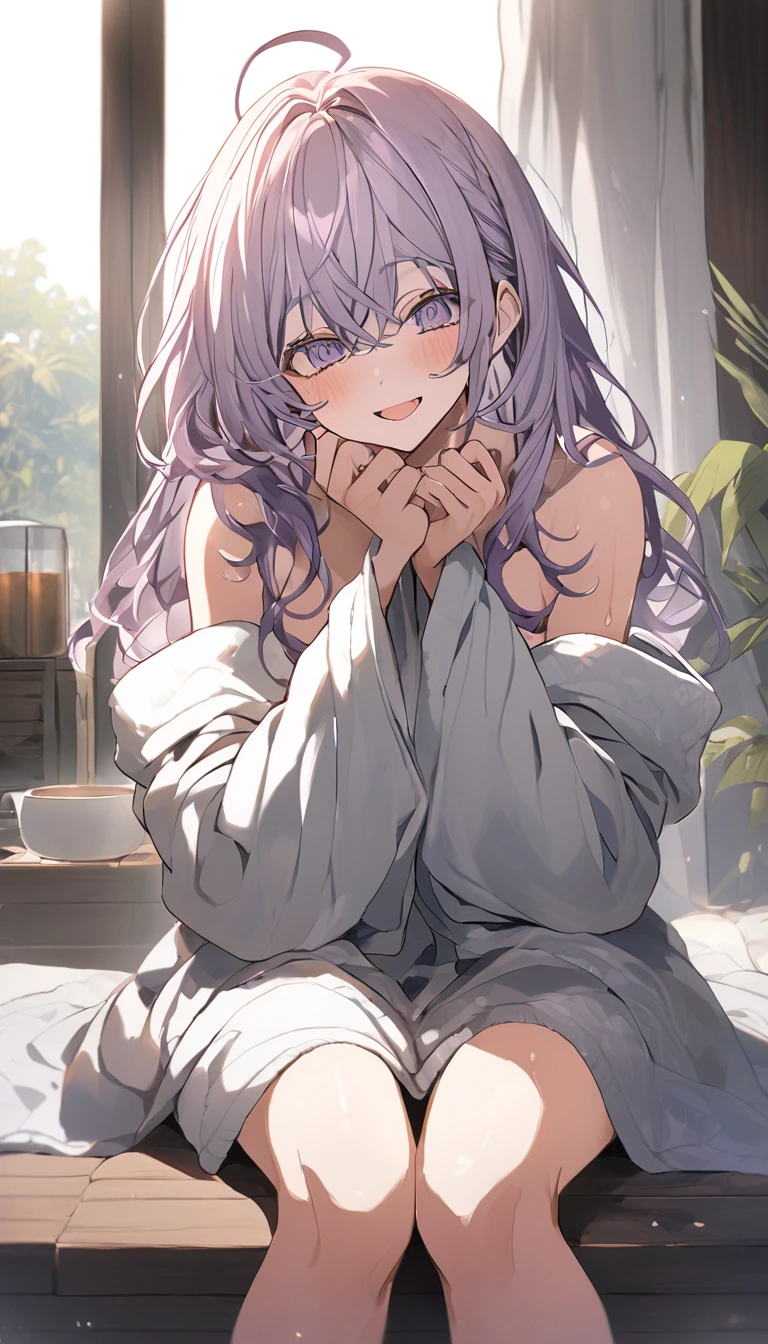 Wipe wet (shaggy:1.2) hair with big long (towel:1.2), steam, fog, looking viewer, focus on girl, towel on hed,rase both of hands on hed, in bathroom, (sweat), floor lamp, (smile, happy), relax, open mouth,nude,(nipple),pussy