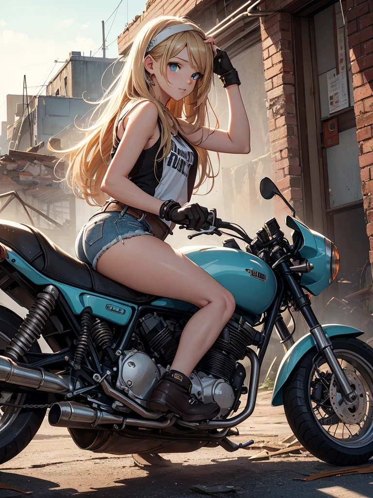 masterpiece, best quality,cowboy shot,1girl,(watercolor painting):1.2,pencil sketch,BREAK,18 years old, (cyan eyes):1.2,( long hair, strait hair,blond hair),BREAK White tank top,denim shorts, fingerless gloves, Work boots,Hip Hop, Punk Look, Chain,small smile,BREAKA photorealistic image of a young girl, Eliana, about 18 years old, (riding her vintage 1970s-style black motorcycle), through the ruins of an abandoned city at dusk. The scene captures her in a cowboy shot, riding intently through the decaying urban landscape. The ruins are filled with crumbled buildings, overgrown vegetation, and scattered debris, BREAKmasterpiece, best quality, ultra detailed, highres,4k,