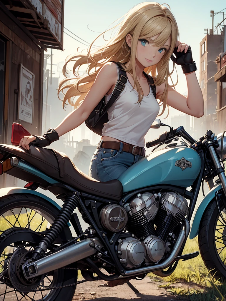masterpiece, best quality,cowboy shot,1girl,(watercolor painting):1.2,pencil sketch,BREAK,18 years old, (cyan eyes):1.2,( long hair, strait hair,blond hair),BREAK White tank top,denim shorts, fingerless gloves, Work boots,Hip Hop, Punk Look, Chain,small smile,BREAKA photorealistic image of a young girl, Eliana, about 18 years old, (riding her vintage 1970s-style black motorcycle), through the ruins of an abandoned city at dusk. The scene captures her in a cowboy shot, riding intently through the decaying urban landscape. The ruins are filled with crumbled buildings, overgrown vegetation, and scattered debris, BREAKmasterpiece, best quality, ultra detailed, highres,4k,