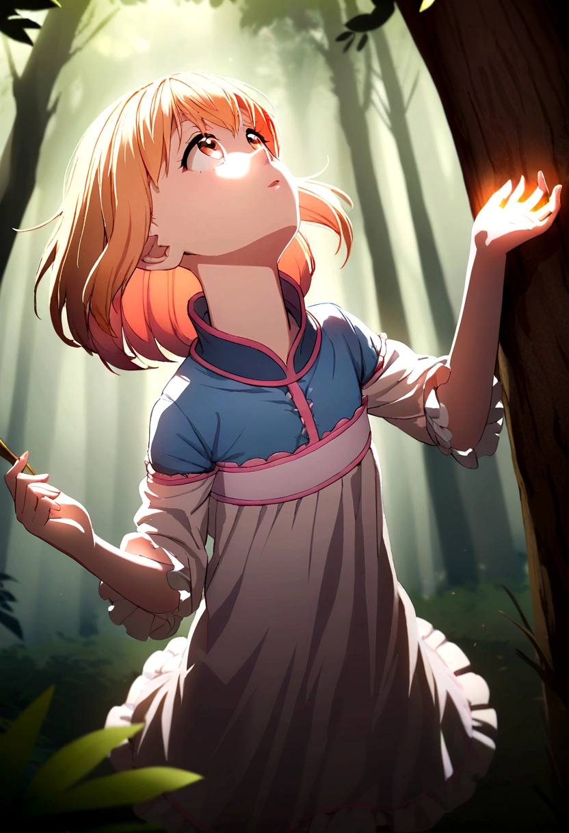 loli, small, in a forest, looking up, with a stick in her left hand,