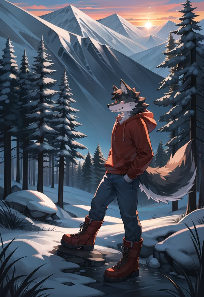 (Wolf, furry, anthropomorphic), Male, standing in forest, mountain background, outside, wearing jeans wearing red hoodie, Furry art, Fur on arms, big Floofy tail, fur on legs, (Black Fur covering whole body, Best quality, human like body figure), looking at sunset, wearing white hat, wearing boots