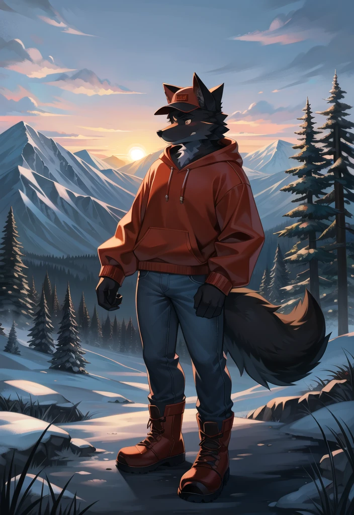 (Wolf, furry, anthropomorphic), Male, standing in forest, mountain background, outside, wearing jeans wearing red hoodie, Furry art, Fur on arms, big Floofy tail, fur on legs, (Black Fur covering whole body, Best quality, human like body figure), looking at sunset, wearing white hat, wearing boots