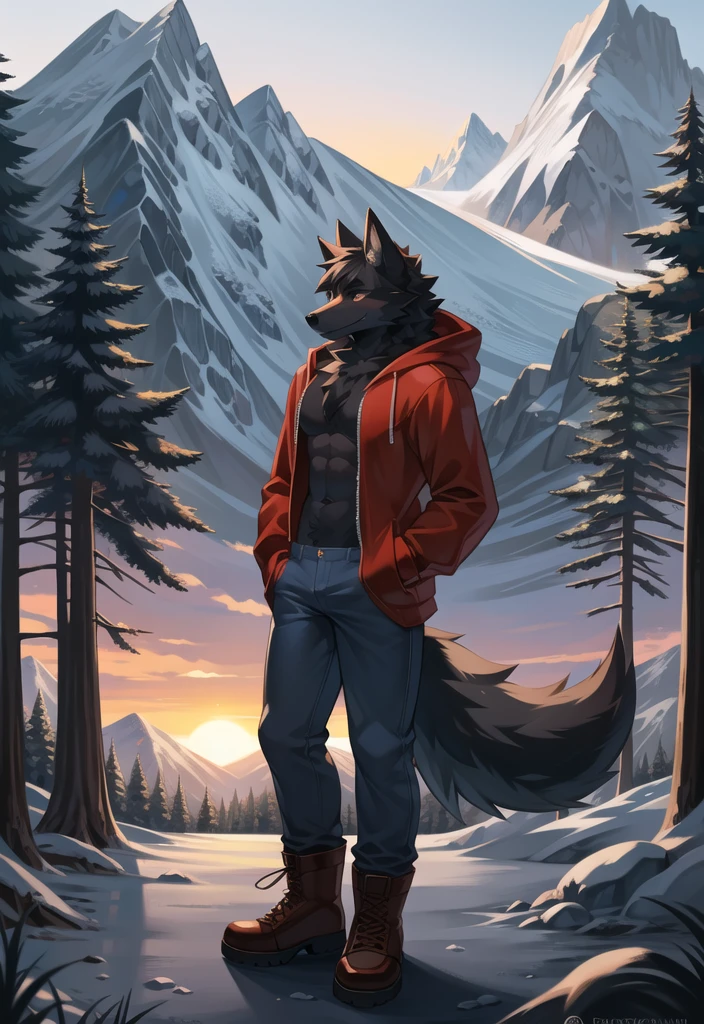 (Wolf, furry, anthropomorphic), Male, standing in forest, mountain background, outside, wearing jeans wearing red hoodie, Furry art, Fur on arms, big Floofy tail, fur on legs, (Black Fur covering whole body, Best quality, human like body figure), looking at sunset, wearing white hat, wearing boots