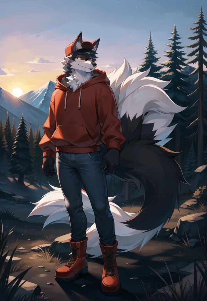 (Wolf, furry, anthropomorphic), Male, standing in forest, mountain background, outside, wearing jeans wearing red hoodie, Furry art, Fur on arms, big Floofy tail, fur on legs, (Black Fur covering whole body, Best quality, human like body figure), looking at sunset, wearing white hat, wearing boots