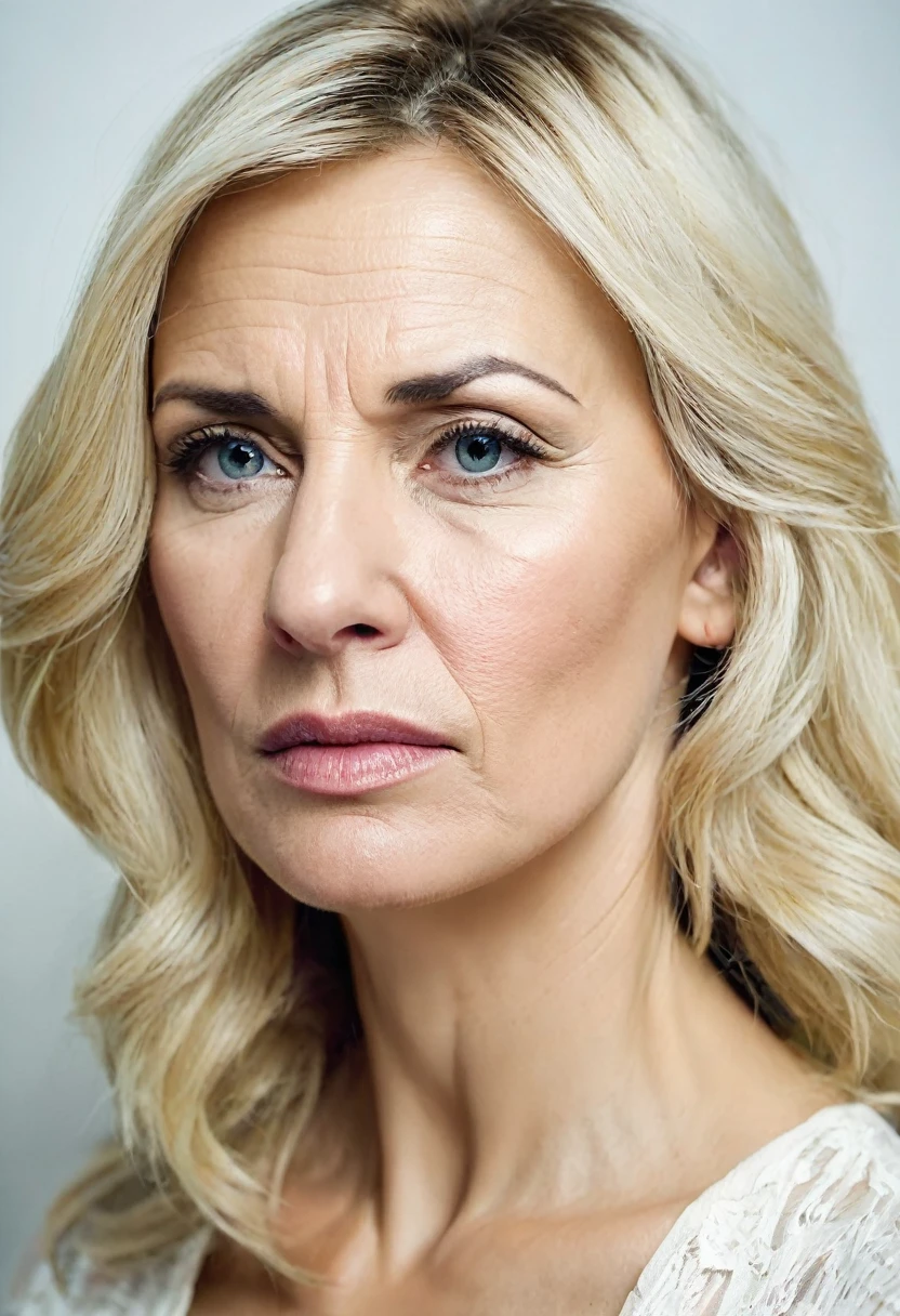 color photo, portrait. Beautiful woman 40 years old, Against the background of a white wall. blonde. sad face. Tears on eyes.