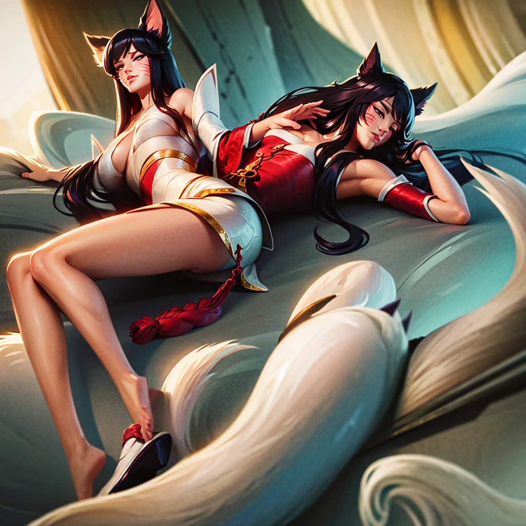 has white nine tails,open the legs,lie down on bad,big chest,sex