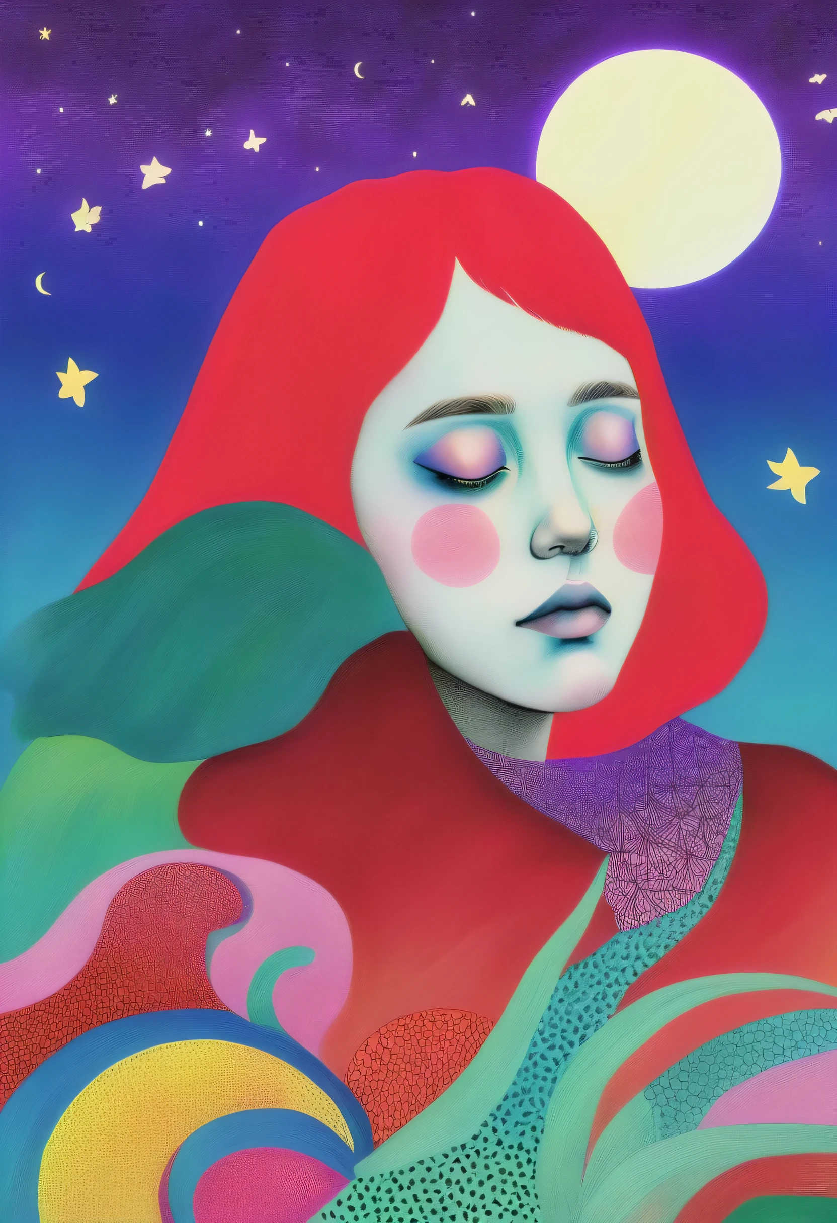 One girl, bangs,is short、sea-blue Tank top、Red and blue gradient hair, Pastel sky、Starry Sky、Lily flower、 ginkgo leaf, Slope, Slope background, Slope sky, Tank top、bangsis short、 Long Hair, moon, 春のRed Background, Purple Sky, alone, Starry Sky、 Twilight, Upper Body, Red Background, crimson sky, Malachite's Theme, Pop Surrealism , Highest quality、Drawing paper texture、pop surrealism
pop art
drawing、Fractal Art