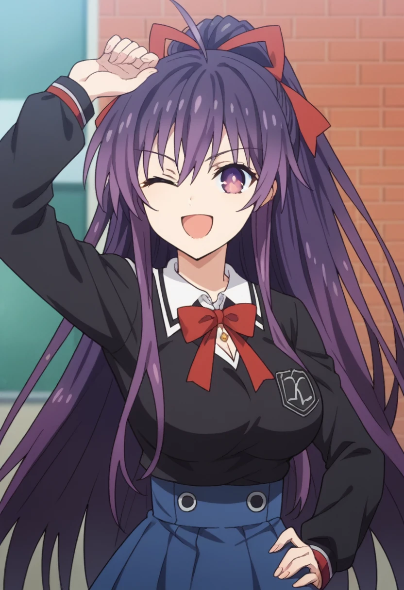 Score_9, Score_8_up, Score_7_up, anime_font, Tohka Yatogami, 1 girl, alone, long hair, purple hair, purple eyes, very long hair, ponytail, red bow, headband, perfect body, alone, breasts, looking_at_viewer, smile, open_mouth , bangs, big_breasts, shirt, long_sleeves, bow, school_uniform, hair band, upper body, ahoge, one eye closed, striped, hand up, bow tie, blurred, arm up, eyebrows_v, hand on hip , black_shirt, black_ribbon, ribbon_necklace, ;d, high-waist skirt, striped_bow, greeting, brick_wall, striped_ribbon