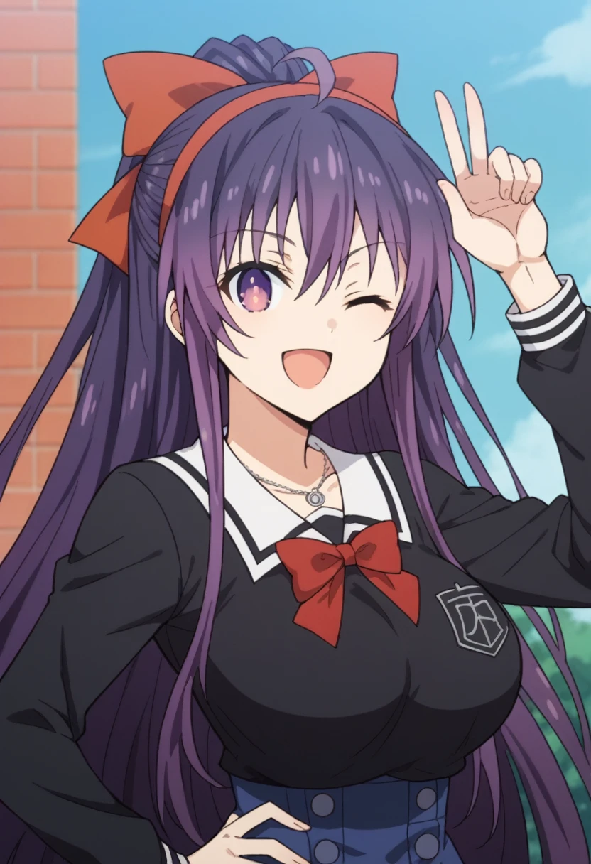 Score_9, Score_8_up, Score_7_up, anime_font, Tohka Yatogami, 1 girl, alone, long hair, purple hair, purple eyes, very long hair, ponytail, red bow, headband, perfect body, alone, breasts, looking_at_viewer, smile, open_mouth , bangs, big_breasts, shirt, long_sleeves, bow, school_uniform, hair band, upper body, ahoge, one eye closed, striped, hand up, bow tie, blurred, arm up, eyebrows_v, hand on hip , black_shirt, black_ribbon, ribbon_necklace, ;d, high-waist skirt, striped_bow, greeting, brick_wall, striped_ribbon