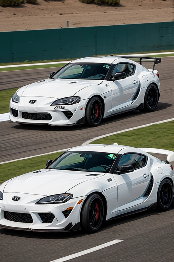 Un gato tierno blanco dentro de un auto drifteando en un circuito que sea un supra 