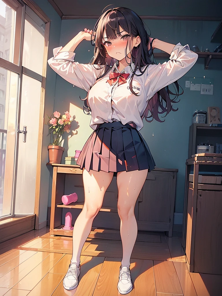 (((((Dildo on the floor:1.5, standing, spread legs:1.5, Point your knees outwards:1.5 ) behind head, Push your hips forward,pussy juice , Voluptuous body, Slut、(Dildo on the floor, standing, spread,arms behind head, Point your knees outwards:1.5, Sweat, Angle from below)))), Realistic composition, Doujinshi scene,, Big Thighs, Pleated skirt, White Shirt, Angry face, blush, from below