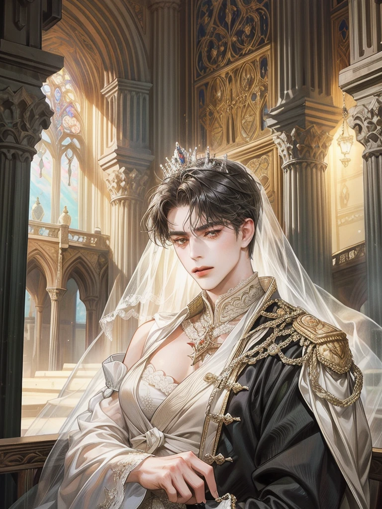 (1 man and 1 woman looking at each other on the arch bridge), Couple, princess, Crown Prince, Cathedral backdrop,bridal veil,wedding dress,An arrogant face