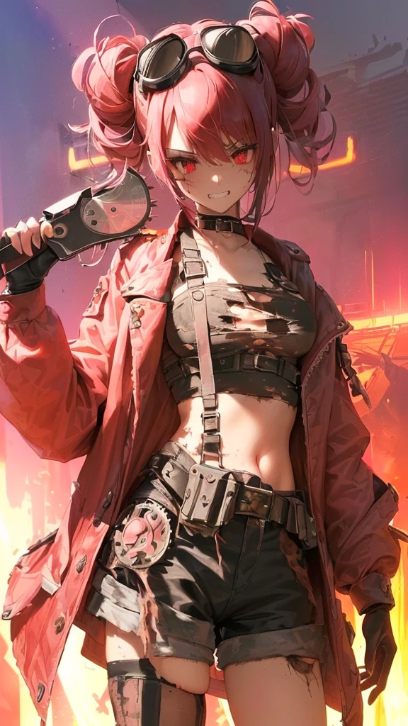 ultra-detailed, crazy girl, beautiful eyes, red eyes, , cute figure, cute face, grin, executioner, small horns on either side of forehead, Steampunk style goggles on head, sharp eyes, wild and bold, hair color pink gradient with black accent only on left side, hair in bun, bob bangs, Steampunk, (((overall clothes are dirty and tattered))), large military design jacket, black shorts, thigh-high knee socks, boots, leather gloves with the fingers cut off, (((worn-out, horrible saw, but cutely designed))), background is a collapsed On a live stage in hell with buildings, pink and red lights shining, composition like a scene from a movie, 16K, top quality, masterpiece