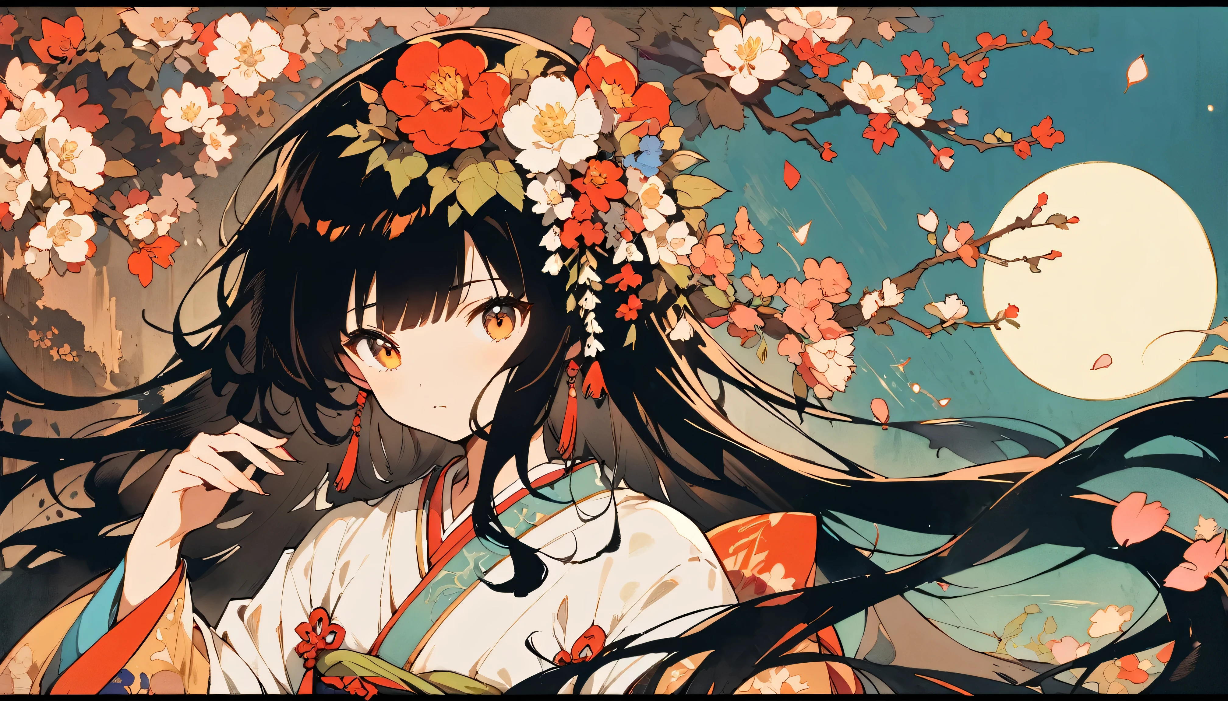 masterpiece, highest quality, A woman in her twenties from the late Edo period.。She's still, but、Her fancy dress.、Her long hair is in disarray。Strange pose。Big eyes and a serious expression。Please draw only above the chest。 In the style of old Japanese paintings with low saturation、The women look like modern anime characters..、She has a bit of Kabuki makeup on..。Strong 2D feel。night。background, A large cherry tree with lots of petals falling、And a huge full moon。Night Sakura。I want to use it as a thumbnail for lofi music。(((Ink Painting)))