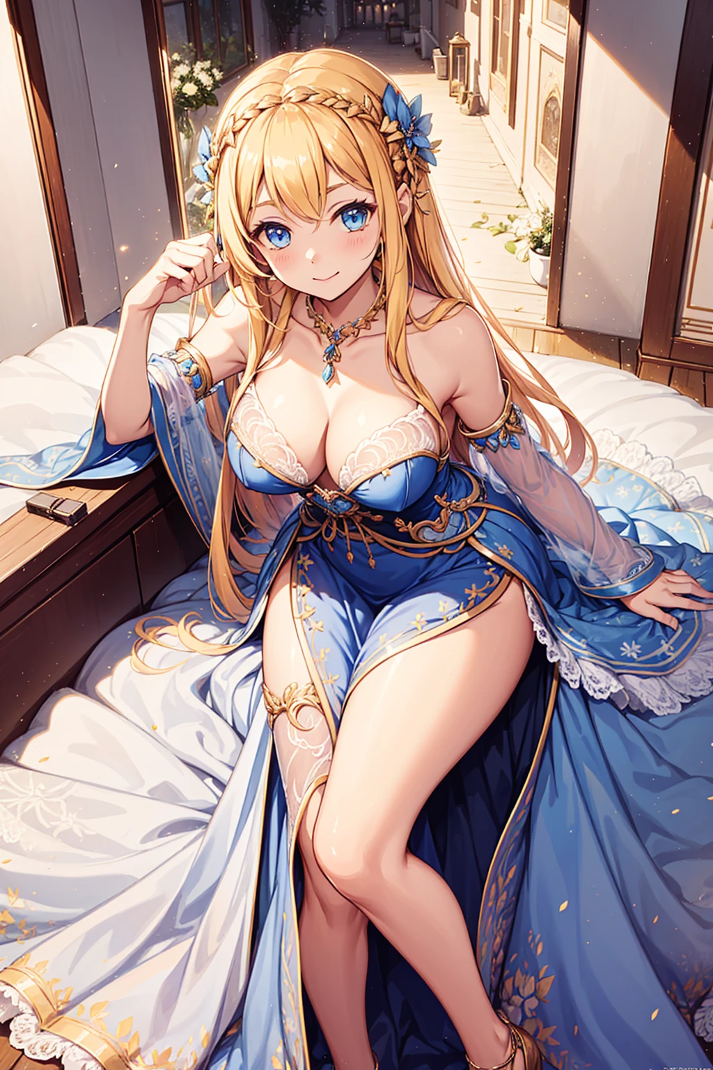 s girl,Enchanted,Divine happiness,Being in love,(Yellow and white court dress dress),blond hairbl,eBlue eyes,Maximalism,Multiple layers of delicate ruffles,Lots of lace,Multi-colored cloth,Delicate embroidery,Delicate pattern,Fabric headdress,exquisite costumes,see-through transparent clothes,Gorgeous interior scene with bed,the night,glittery,(Dazzle),Movie lighting,the night,solo person,Fluttering skirt,metal decoration,Lace