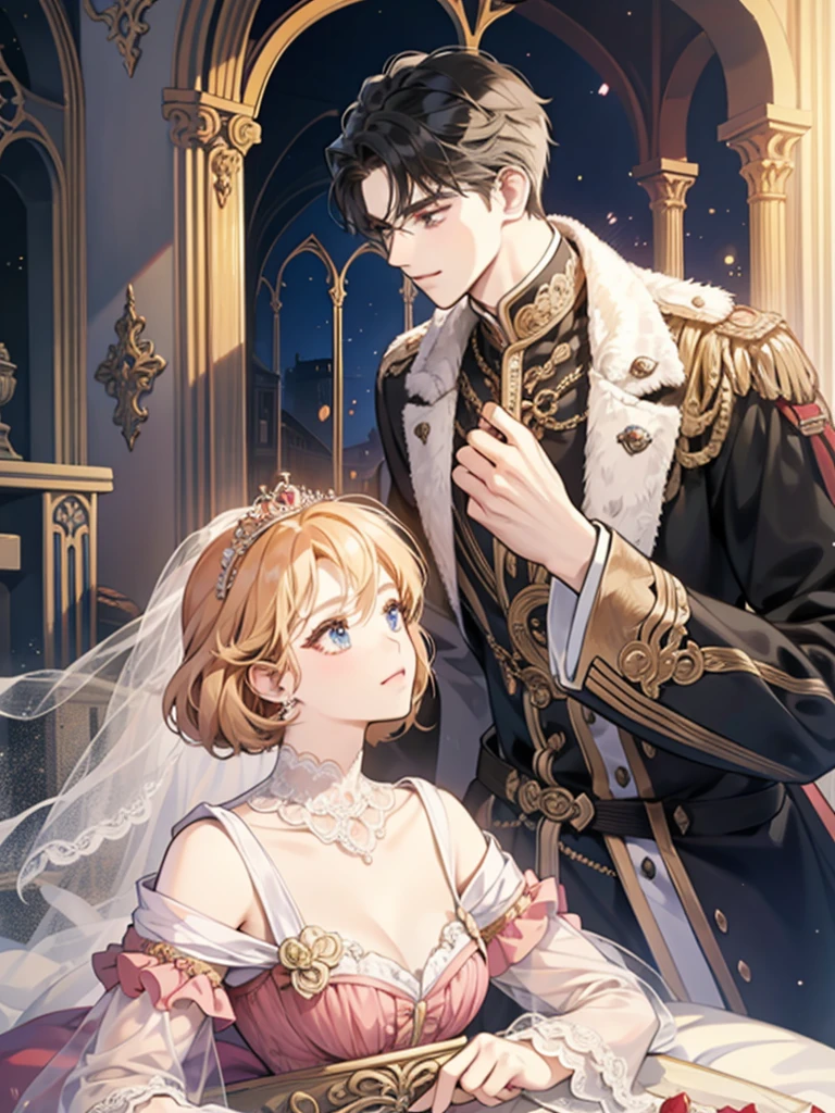 (1 man and 1 woman looking at each other on the arch bridge), Couple, princess, Crown Prince, Cathedral backdrop,bridal veil,wedding dress,An arrogant face