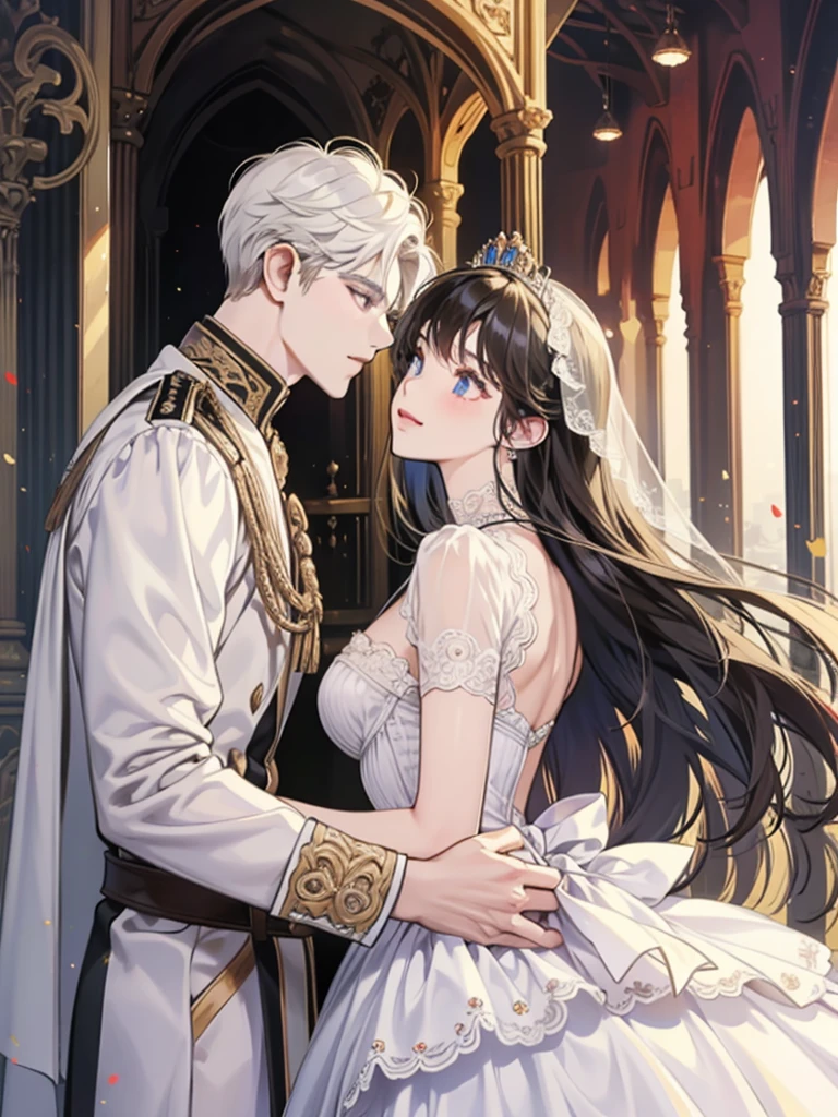 （1 man and 1 woman looking at each other on the arch bridge）, Couple​, princess, Crown Prince,   Cathedral backdrop,bridal veil,wedding dress,An arrogant face