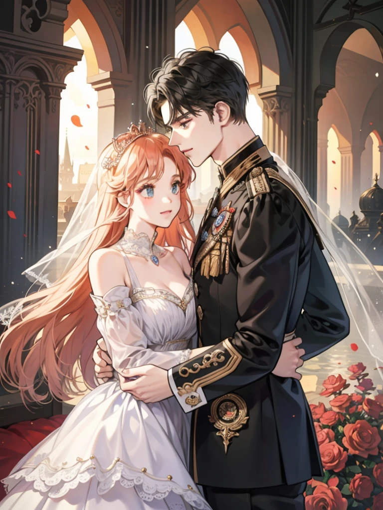 (1 man and 1 woman looking at each other on the arch bridge), Couple, princess, Crown Prince, Cathedral backdrop,bridal veil,wedding dress,An arrogant face