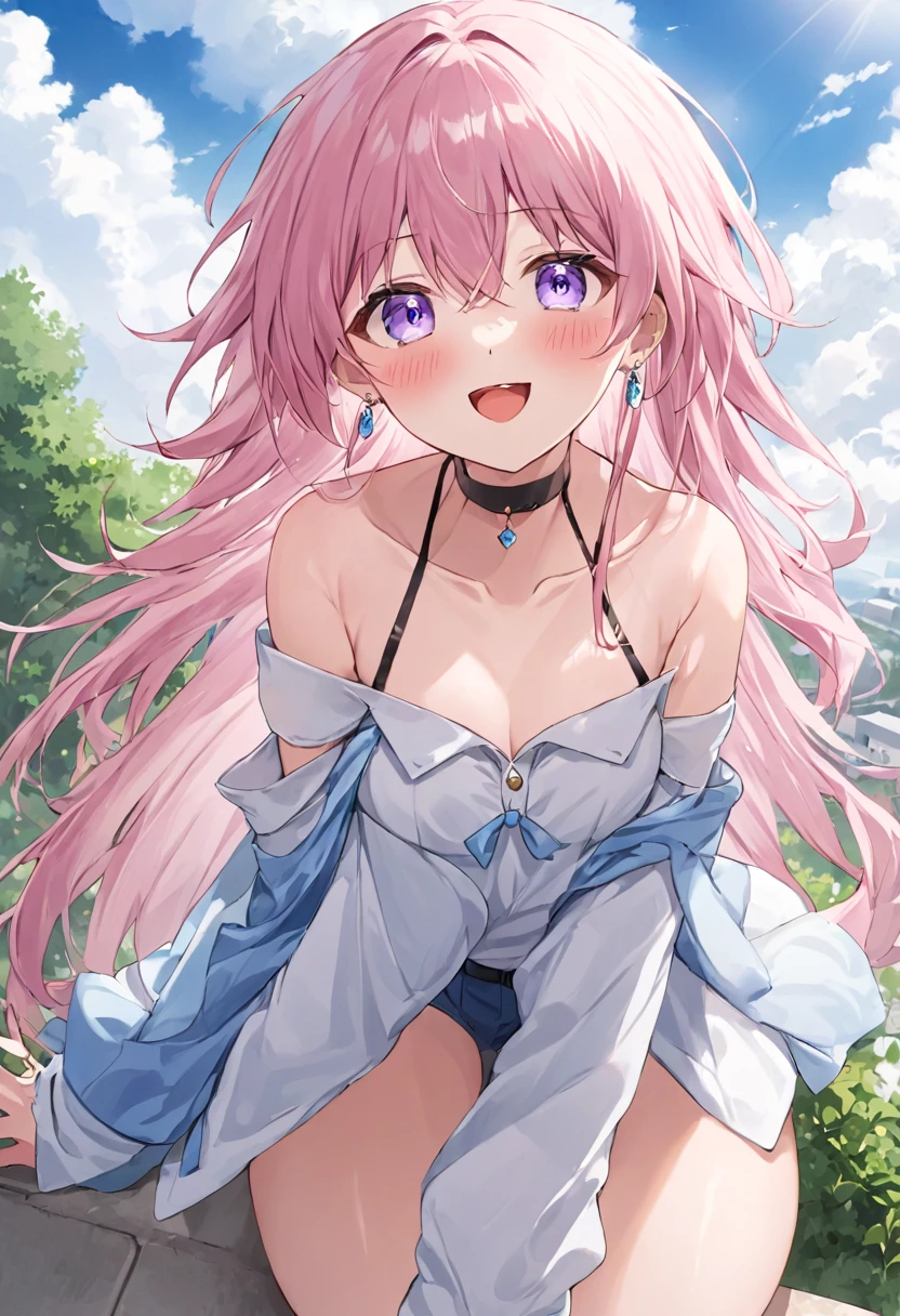 one woman, pink hair, gyaru, canine, aquamarine eyes, Double bun ,
navel, manicure, curly long hair, neat white uniform, smiling eyes, smile brightly, squatting cleavage, cute, short pink skirt, very large breasts
