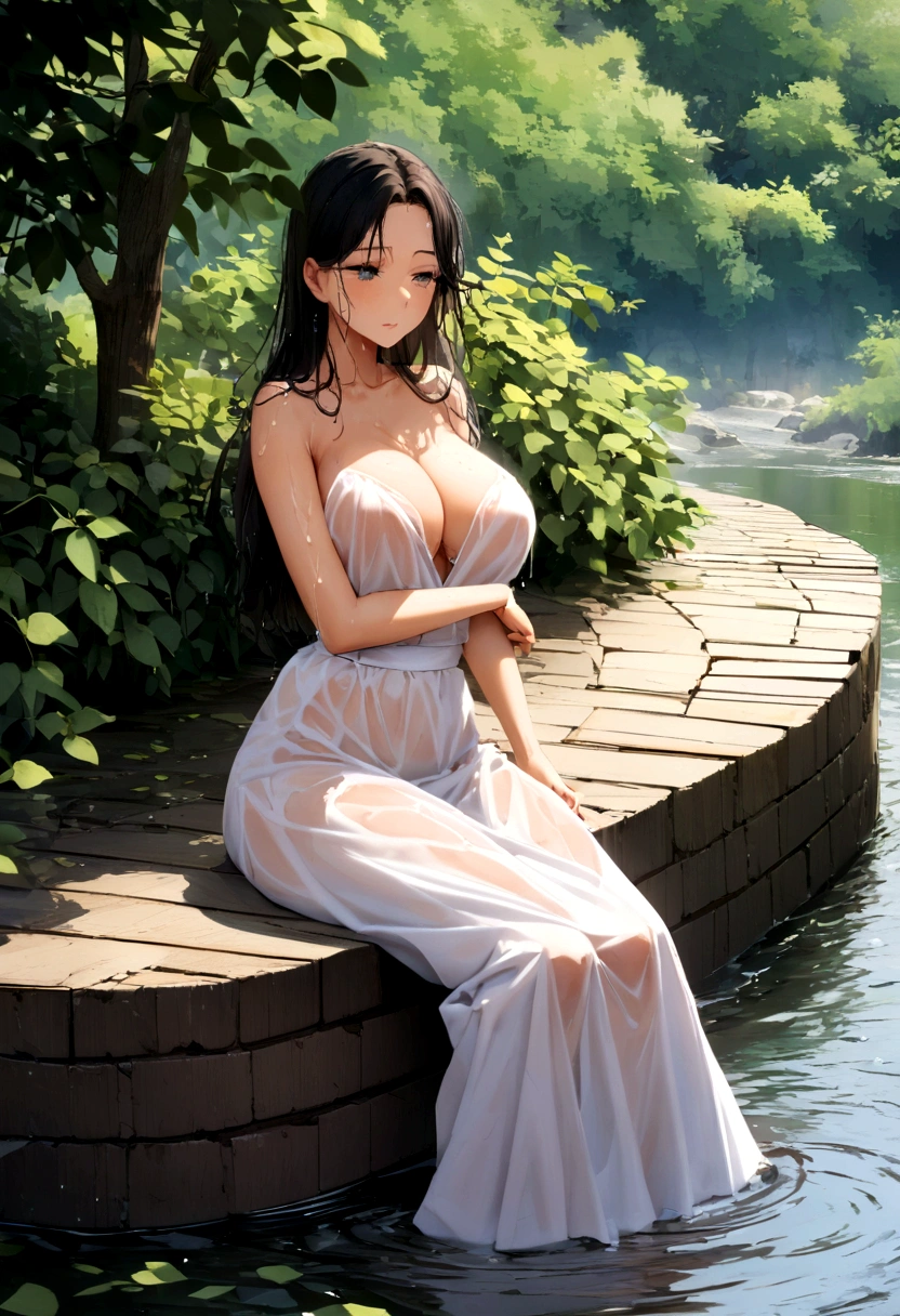 no upper floor; A beautiful Burmese woman in a long skirt takes a relaxing bath by the river. I took a shower and my whole body was wet. No top, but my breasts were covered with a long skirt
