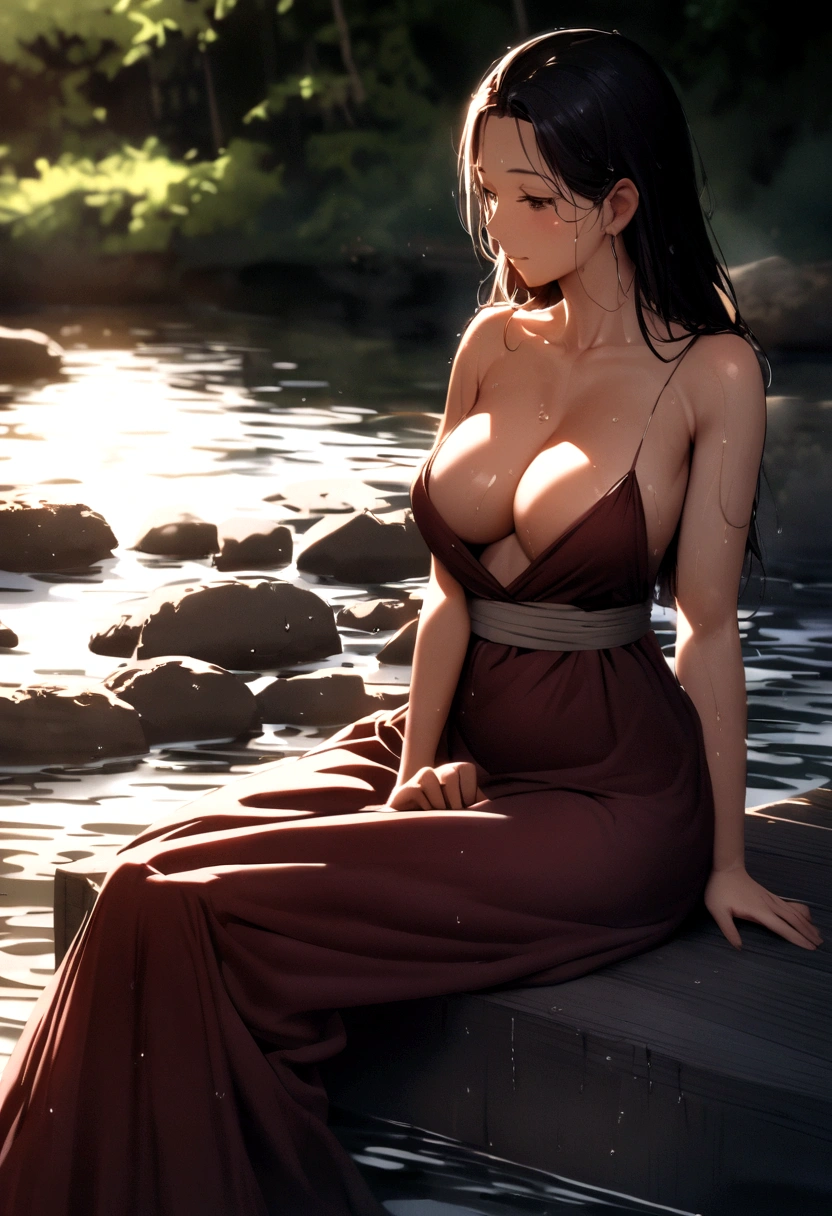 no upper floor; A beautiful Burmese woman in a long skirt takes a relaxing bath by the river. I took a shower and my whole body was wet. No top, but my breasts were covered with a long skirt
