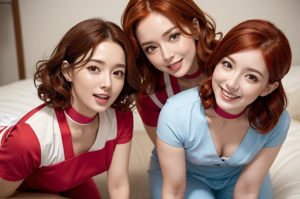 two sexy bubbly and cheerful women in midwife outfits, kneeling, short, vibrant curly red and auburn hair, chokers, cute opened mouths, portrait, close up faces, view from above
