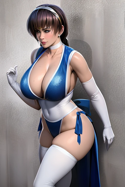 masterpiece, best quality, beautiful art, high resolution, well formed hands, body and fingers, 1 woman, solo, Sailor Mercury, blue hair, hair ornament, adult, grown up, big breasted, cleavage, sailor collar, tiara, elbow gloves, full body, braided long hair, blue_kunoichi_dress, wearing DOA Kasumi's blue kunoichi dress, sleeveless, white stockings, gorgeous legs and thighs, dancing seductively and erotically, turning backwards and forwards, showing her back and front, showing her butt, t-back,, white thong, smiling joyfully, looking at the viewer, flirting, beach environment