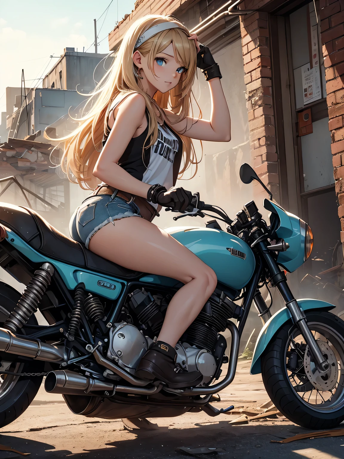 masterpiece, best quality,cowboy shot,1girl,(watercolor painting):1.2,pencil sketch,BREAK,18 years old, (cyan eyes):1.2,( long hair, strait hair,blond hair),BREAK White tank top,denim shorts, fingerless gloves, Work boots,Hip Hop, Punk Look, Chain,small smile,BREAKA photorealistic image of a young girl, Eliana, about 18 years old, (riding her vintage 1970s-style black motorcycle), through the ruins of an abandoned city at dusk. The scene captures her in a cowboy shot, riding intently through the decaying urban landscape. The ruins are filled with crumbled buildings, overgrown vegetation, and scattered debris, BREAKmasterpiece, best quality, ultra detailed, highres,4k,