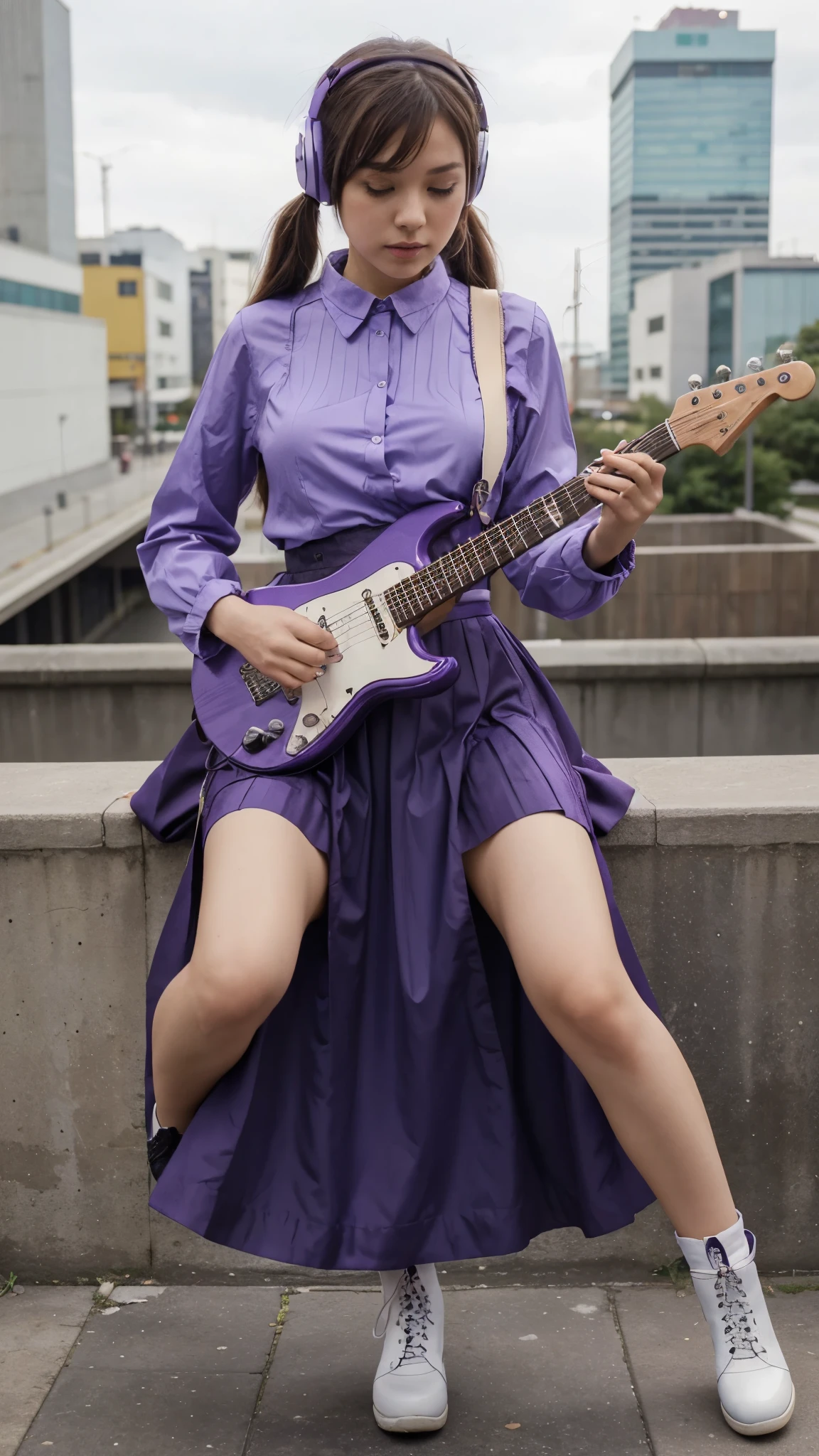 ((masterpiece, best quality))1girl, solo, fashion purple dress modern future, electric guitar, headphones, ponytail, holding, holding plectrum, instrument, very very long brown hair, music, one side up, teal hair, twin tails, playing guiter, pleated long skirt fashion, fashion dress modern purple and white, interior, full body, purple, sit down in retro classic chair, walking, jumping, beautiful boot modern, background japan city, fashion costume cosplay japan modern, execited, dance, jumping