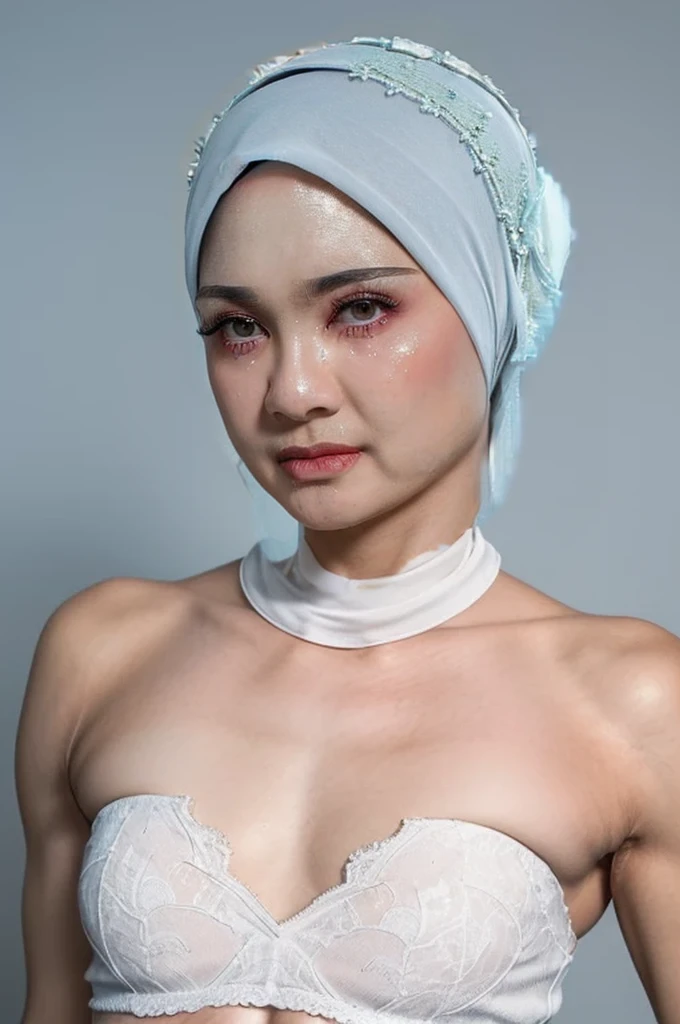 ((SHORT HIJAB)), ((Flat chest:1.7)), (dynamic photograph of a 58 year old Indonesian woman), (slim top, cotton panties), (straight non curly hair), (highly detailed face:1.4), (vascular muscles and abs:1.3), (background inside light, bright, private gym:1.1), (8k, uhd, dslr, high quality, cinematic lighting, bokeh), (dramatic, award winning photography, incredible masterpiece:1.3), (((sexy sultry stare at camera:0.8))), close up, ((she is ready to dominate you:0.5)), ((beautiful feminine face)) (she is a champion MMA fighter), add_detail:1, ((Wearing strapless pastel)) lace white & white , from behind view, seductive pose