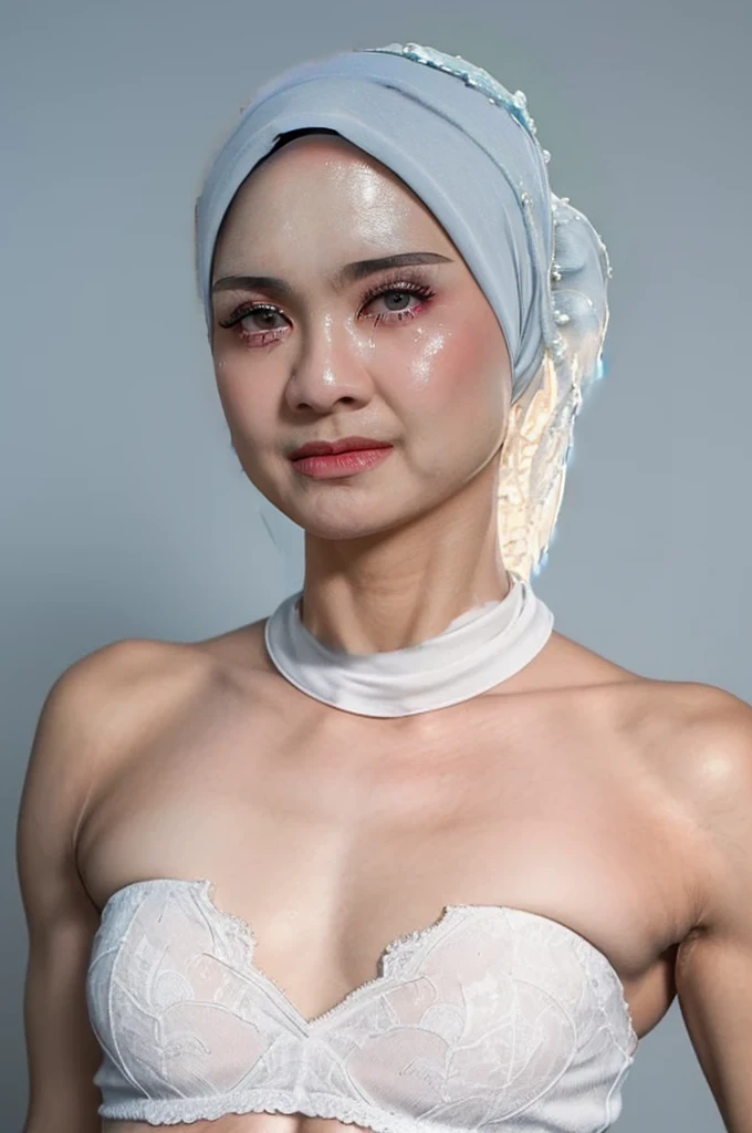 ((SHORT HIJAB)), ((Flat chest:1.7)), (dynamic photograph of a 58 year old Indonesian woman), (slim top, cotton panties), (straight non curly hair), (highly detailed face:1.4), (vascular muscles and abs:1.3), (background inside light, bright, private gym:1.1), (8k, uhd, dslr, high quality, cinematic lighting, bokeh), (dramatic, award winning photography, incredible masterpiece:1.3), (((sexy sultry stare at camera:0.8))), close up, ((she is ready to dominate you:0.5)), ((beautiful feminine face)) (she is a champion MMA fighter), add_detail:1, ((Wearing strapless pastel)) lace white & white , from behind view, seductive pose
