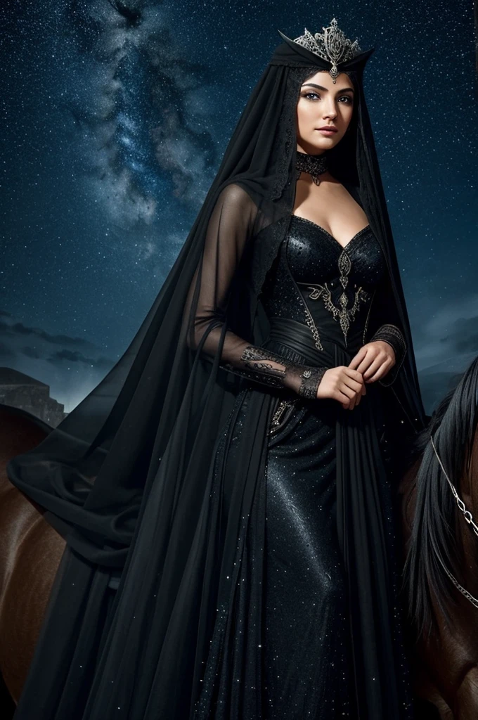 she rides in a chariot drawn by two horses, clothed in black with a black or starry veil on her head and stars following in her wake. In addition, some sources mention her holding a floating black veil covered in stars in her right hand, with a torch facing downwards in her left hand. She is beautiful and youthful in her appearance, but her demeanour is grave.Nyx's symbols are the night sky, the owl, the moon, stars and mist. Greek goddess nyx the goddess of night