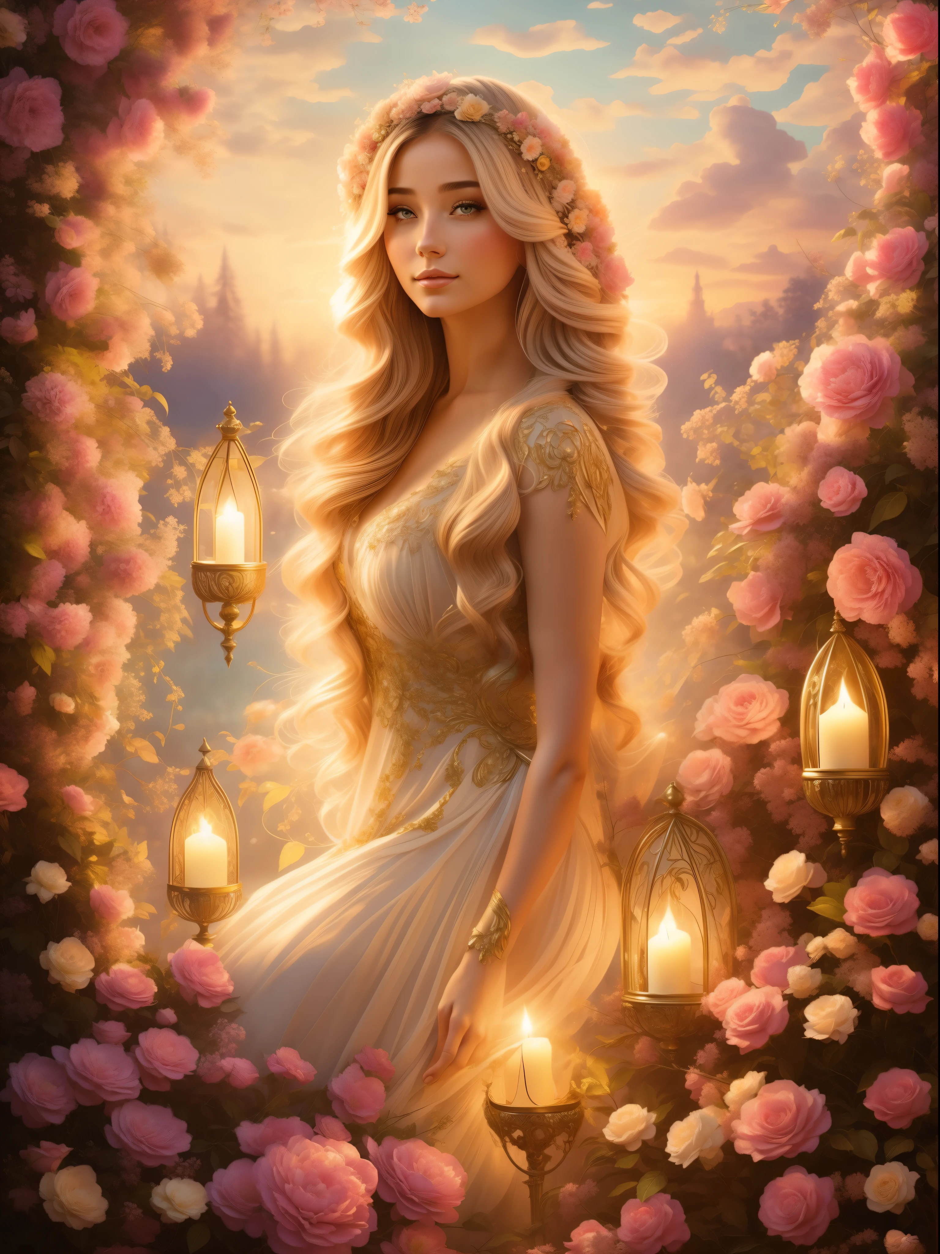 A botanical masterpiece in the style of Emile Vernon, detailed, hyper-realistic, elemets of symbolism and surrealism, a painting by mse an insanely beautiful woman 45 years old by Emile Vernon, luminous design, pastel colours, gold, ink drips, autumn lights, intricate design, intertwined, perfect beautiful woman, flowers, pastel, gold, stunning beauty, ethereal beauty,