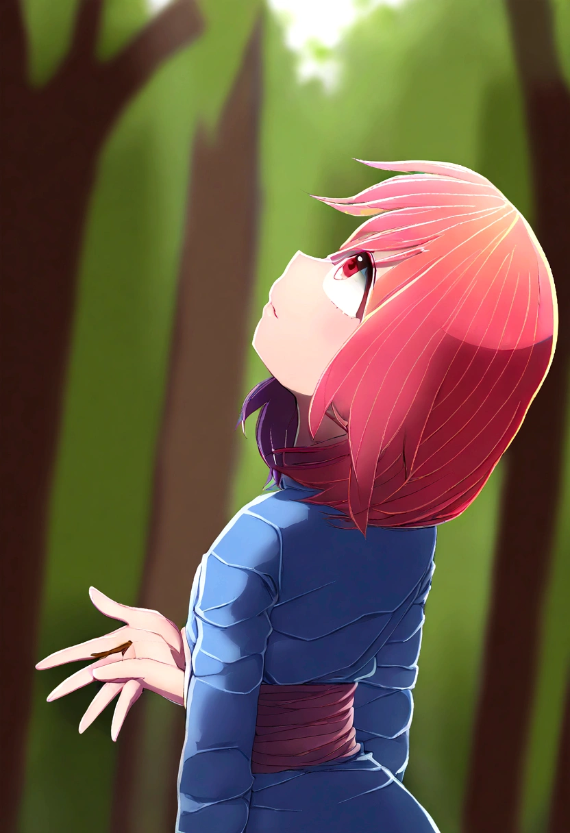 Frisk, loli, small, in a forest, looking up, with a stick in her left hand,