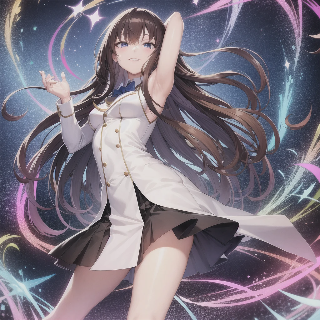 "A detailed full-body image of a young anime girl standing confidently. She has long flowing hair, big expressive eyes, and a friendly smile. She is wearing a  with a blazer, skirt, and knee-high socks. Her arms are slightly raised, showing off her well-defined hands and fingers. The background is a soft gradient to emphasize the character. Detailed and clean line art, high resolution, with distinct separation of body parts (head, arms, hands, torso, legs)."
