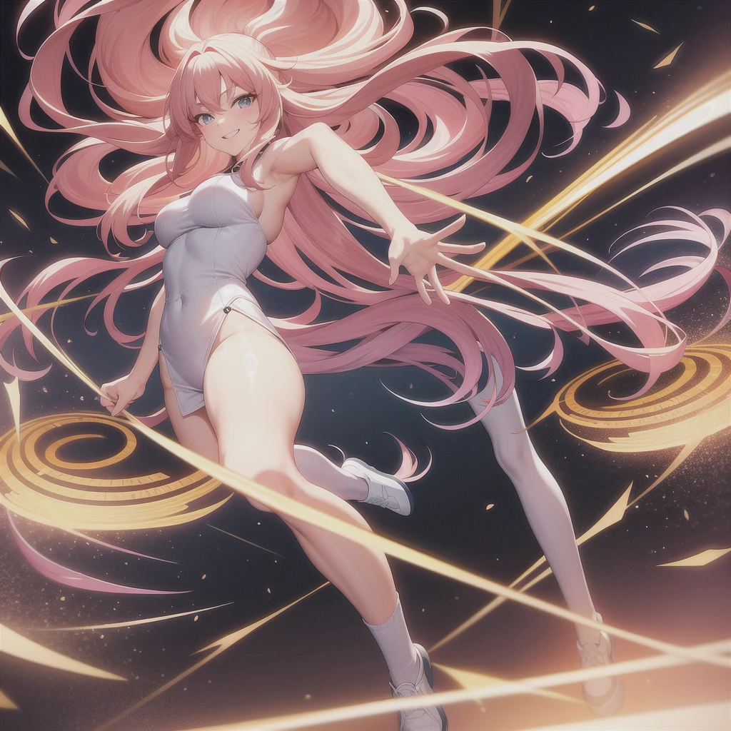 "A detailed full-body image of a young anime girl standing confidently. She has long flowing hair, big expressive eyes, and a friendly smile. She is wearing a with a blazer, skirt, and knee-high socks. Her arms are slightly raised, showing off her well-defined hands and fingers. The background is a soft gradient to emphasize the character. Detailed and clean line art, high resolution, with distinct separation of body parts (head, arms, hands, torso, legs)."