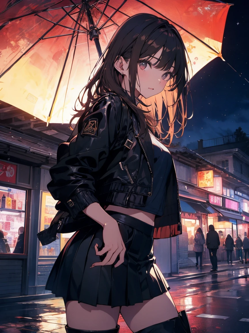 Brown Hair、night、Remains、art、,Black mini skirt,vision,Small face bangs ,beauty,vision 、Black boots 、one person 、Black jacket、pistol