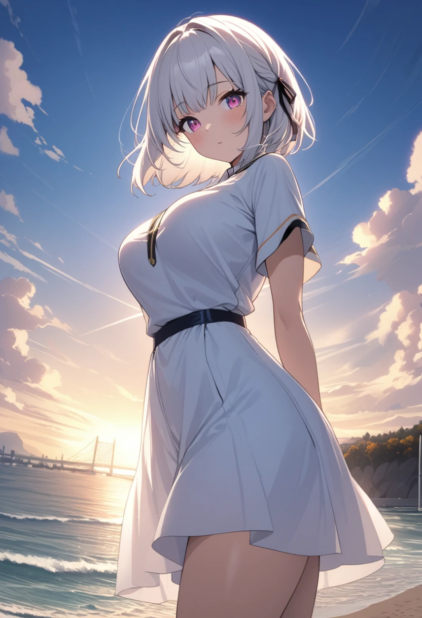 masterpiece,((Clear lines)), ,highest quality,  ((One girl)),(((Very delicate and beautiful girl))),(Beautifully detailed face),(Beautiful fine details),{Short Hair},hair ornaments,((Big chest in the middle)),Short white hair,Hair Ribbon, , Are standing,((View Viewer:1.6)), View from below,Beautifully detailed skies,Bright sky,Cloudy,sunlight, (Detailed Light),Lighting,colorful,Ocean,Beach, bridge,The way to school,Skyscraper, autumn, mist