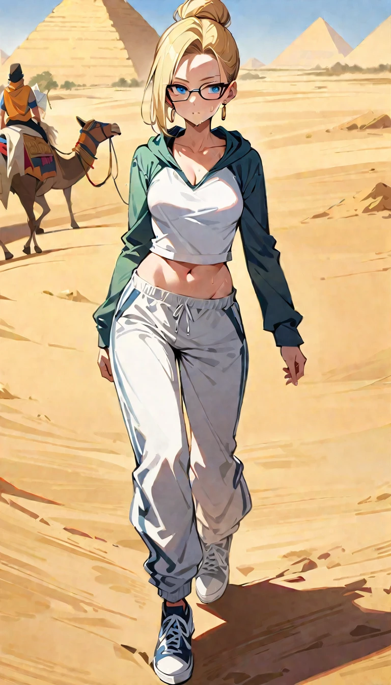 (masterpiece, best quality:1.2), solo, Android 18 from Dragon Ball, (light gray top), ((slip-on crop top)), ((long sweatpants)), ((light gray baggy sweatpants)), (gray hooded jacket), thighs, midriff, small breasts, sweat, blonde hair, (single hair bun), ((blue eyes)), glasses, earrings on earlobes, slender feminine figure, narrow waistline, skinny body, long legs, Egypt, walking across desert, large pyramid in background, daytime, clear sunny sky, sweating, cleavage, magnificent view, blur background, 4K