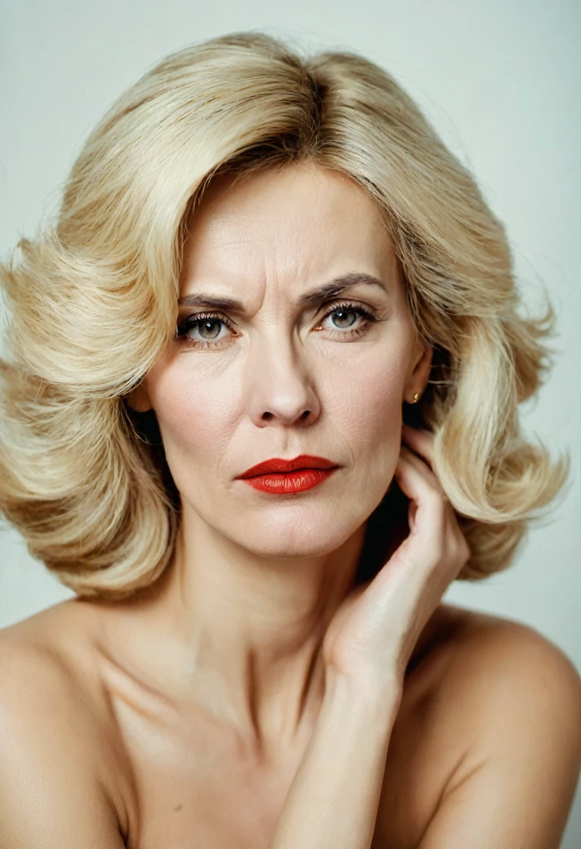 Color photo in the style of the USSR 1980, portrait. Beautiful woman 40 years old, Against the background of a white wall. blonde. sad face. Tears on eyes.