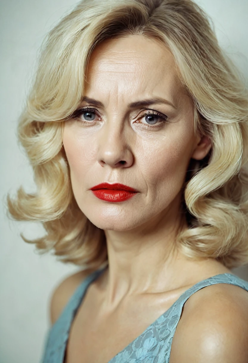 Color photo in the style of the USSR 1980, portrait. Beautiful woman 40 years old, Against the background of a white wall. blonde. sad face. Tears on eyes. 