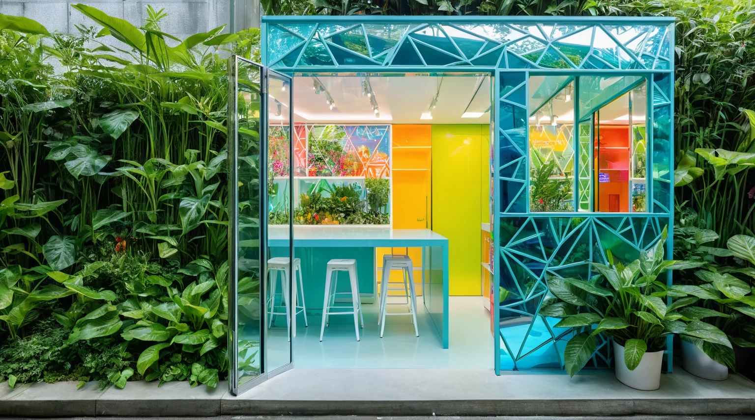 masterpiece , best quality, Design an outdoor booth for a children's popup shop, colorful graffiti, bright color palette and a white metal, transparent glass wall, light blue geometric, Surrounded by green plants, Hong Kong, water,reflection,((illumination))