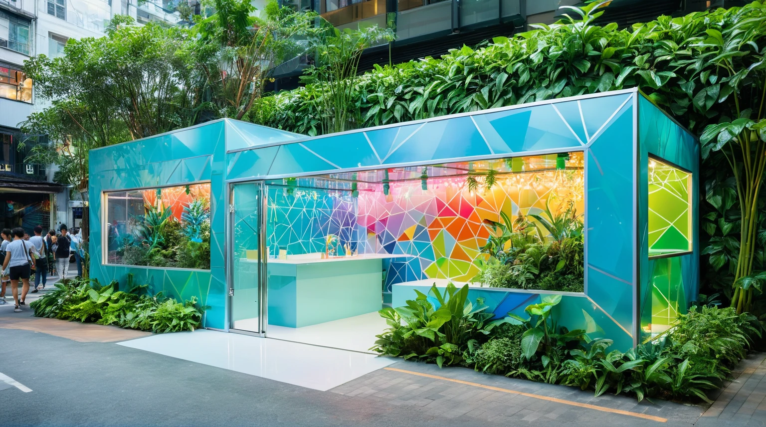 masterpiece , best quality, Design an outdoor booth for a children's popup shop, colorful graffiti, bright color palette and a white metal, transparent glass wall, light blue geometric, Surrounded by green plants, Hong Kong, water,reflection,((illumination))