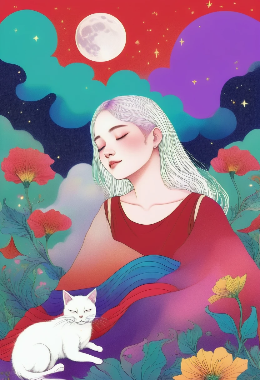 Girl sleeping with cat, bangs,is short、sea-blue Tank top、Red and blue gradient hair, Pastel sky、Starry Sky、Lily flower、 ginkgo leaf, Slope, Slope background, Slope sky, Tank top、bangsis short、 Long Hair, moon, 春のRed Background, Purple Sky, alone, Starry Sky、 Twilight, Upper Body, Red Background, crimson sky, Malachite's Theme, Pop Surrealism , Highest quality、Drawing paper texture、pop surrealism
pop art
drawing、Fractal Art